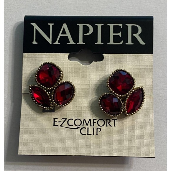 Napier Vintage Red Rhinestone Gold Tone Clip On Earrings NOS - Picture 1 of 5